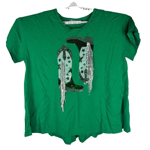 Blue b Collection Green Sequin Cowboy Boot Graphic T-Shirt Size Large - Picture 2 of 7